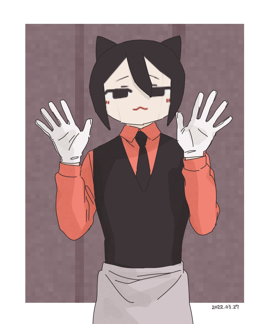 1boy, :3, animal_ears, apron, black_eyes, black_hair, black_necktie, black_vest