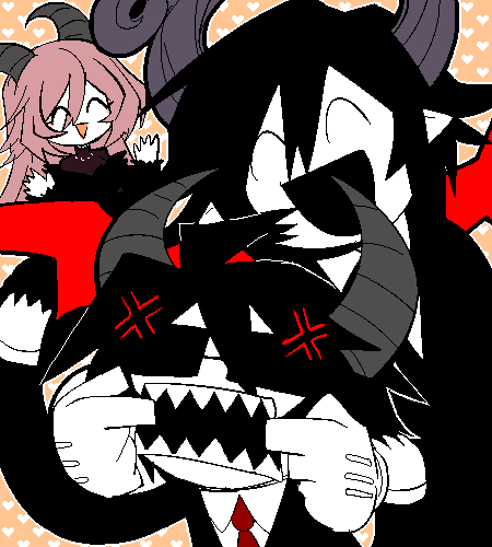1girl, 2boys, anger_vein, black_dress, black_hair, demon_boy, demon_girl, demon_horns