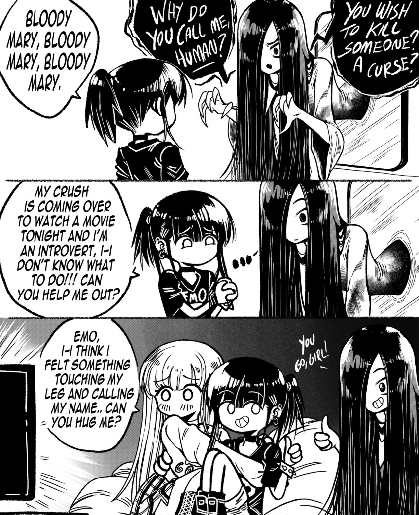 ..., 3girls, black_choker, black_hair, boots, bracelet, character_request, choker