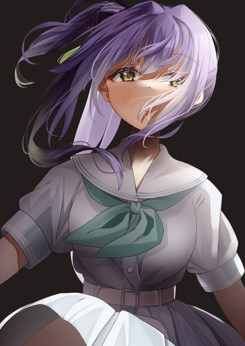 1girl, absurdres, aqua_neckerchief, black_background, blush, breasts, closed_mouth, clothes_lift