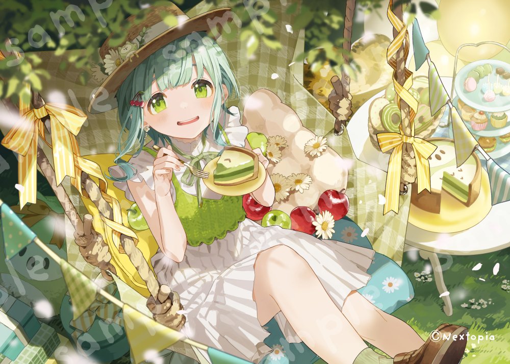 1girl, alternate_costume, apple, basket, booota, box, brown_footwear, cake