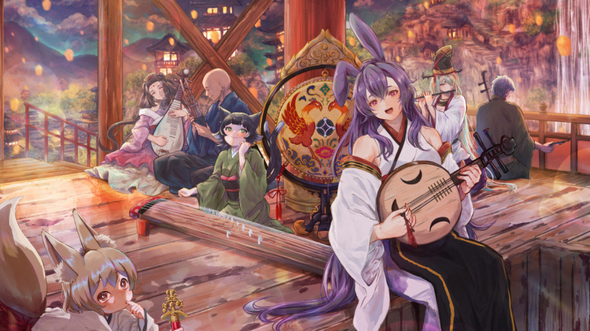 2boys, 5girls, animal_ears, architecture, bald, bell, blue_kimono, blush