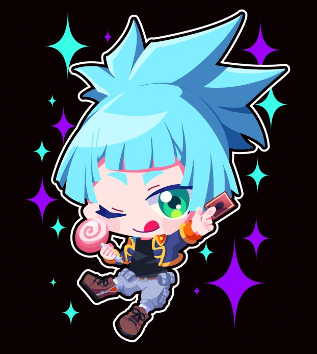 1boy, ;p, aqua_eyes, aqua_hair, black_background, brown_footwear, candy, card, chibi, chibi_only, food, holding, holding_candy, holding_card, holding_food, holding_lollipop, lollipop, looking_at_viewer, male_focus, one_eye_closed, otowaika, shiun'in_sora, solo, swirl_lollipop, tongue, tongue_out, yu-gi-oh!, yu-gi-oh!_arc-v