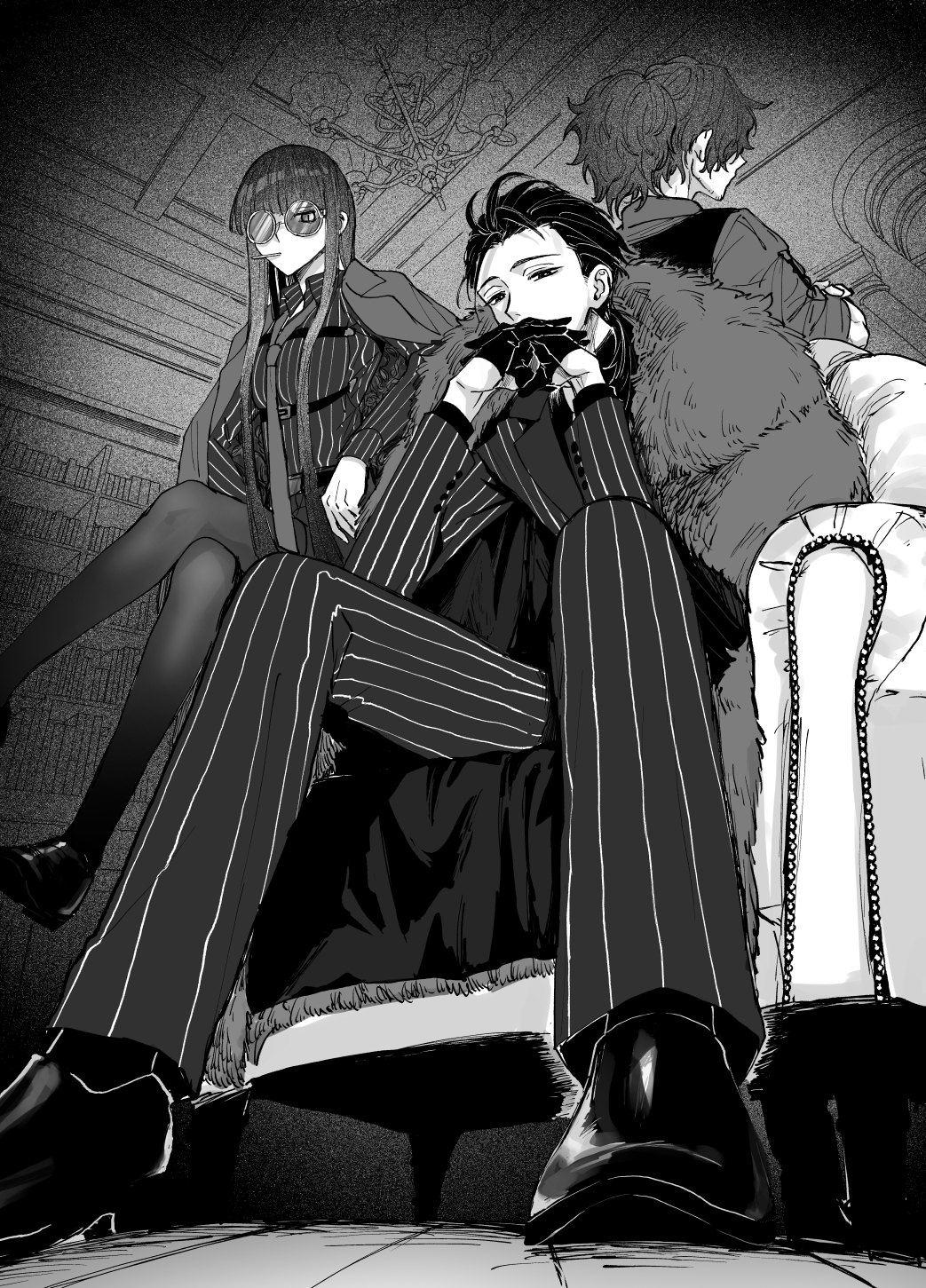 1girl, 2boys, black_pants, black_pantyhose, black_shirt, black_vest, blunt_bangs, coat