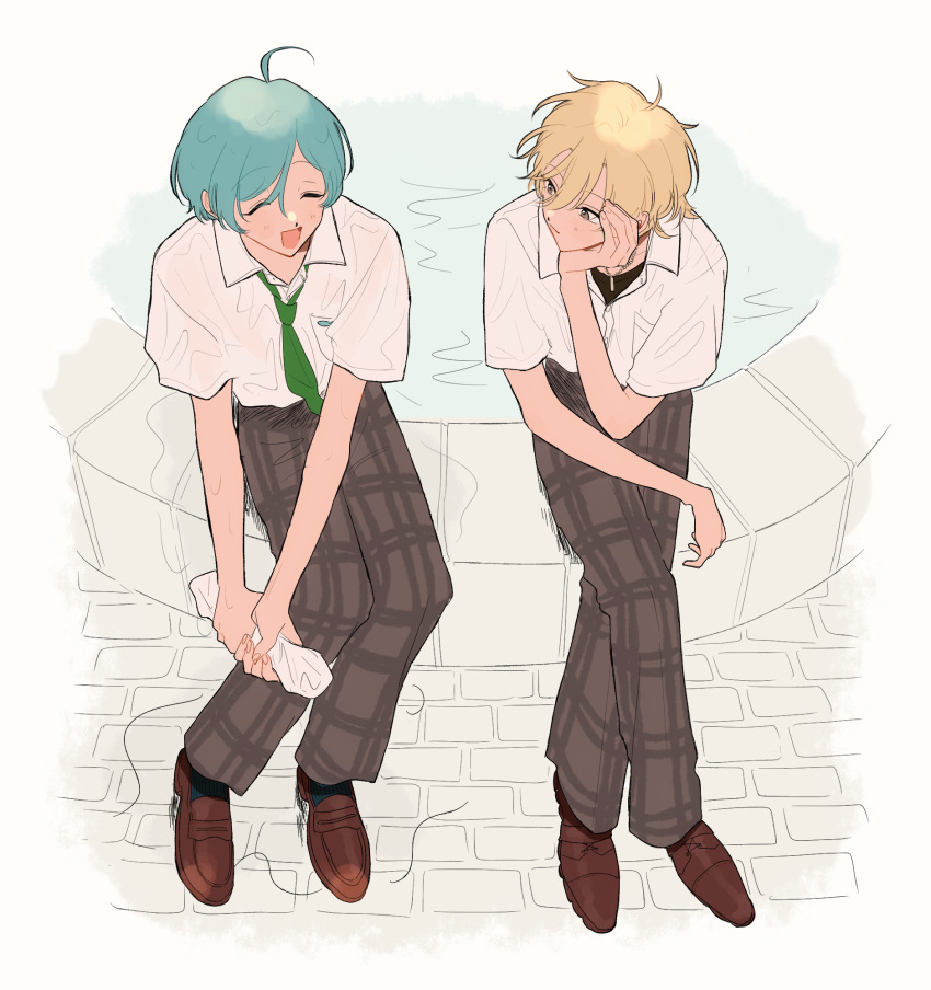 2boys, border, brown_footwear, crossed_legs, ensemble_stars!, fading_border, from_above, full_body