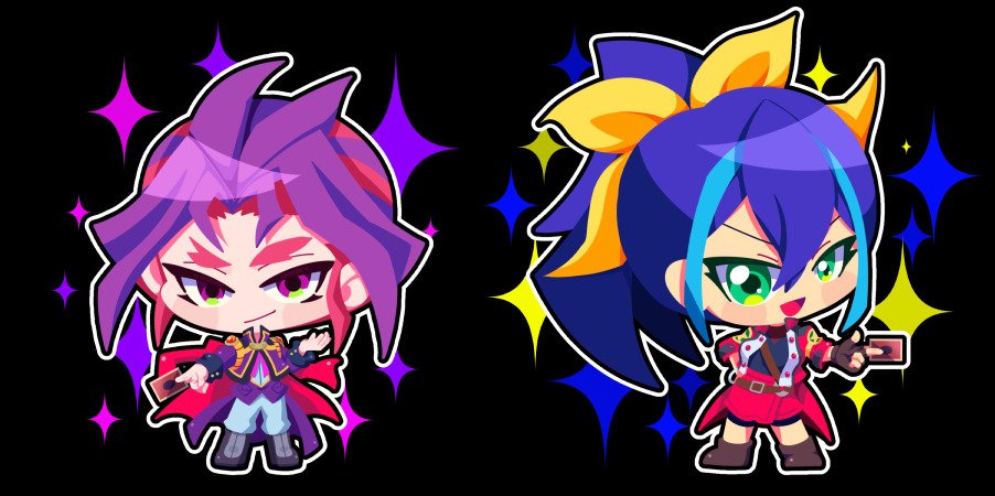 1boy, 1girl, :d, black_background, blue_hair, brown_gloves, card, chibi, chibi_only, closed_mouth, duel_academy_uniform_(yu-gi-oh!_arc-v), fingerless_gloves, full_body, gloves, green_eyes, hair_between_eyes, holding, holding_card, jacket, joeri_(yu-gi-oh!), long_hair, looking_at_viewer, open_mouth, otowaika, pink_eyes, ponytail, purple_hair, purple_jacket, red_jacket, serena_(yu-gi-oh!), smile, yu-gi-oh!, yu-gi-oh!_arc-v