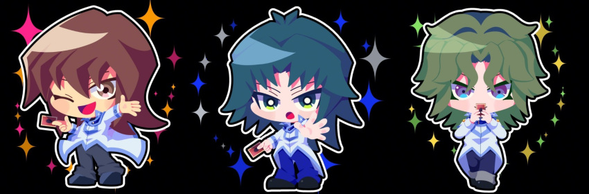 3boys, :o, ;d, black_background, blue_eyes, blue_hair, blue_pants, brown_eyes