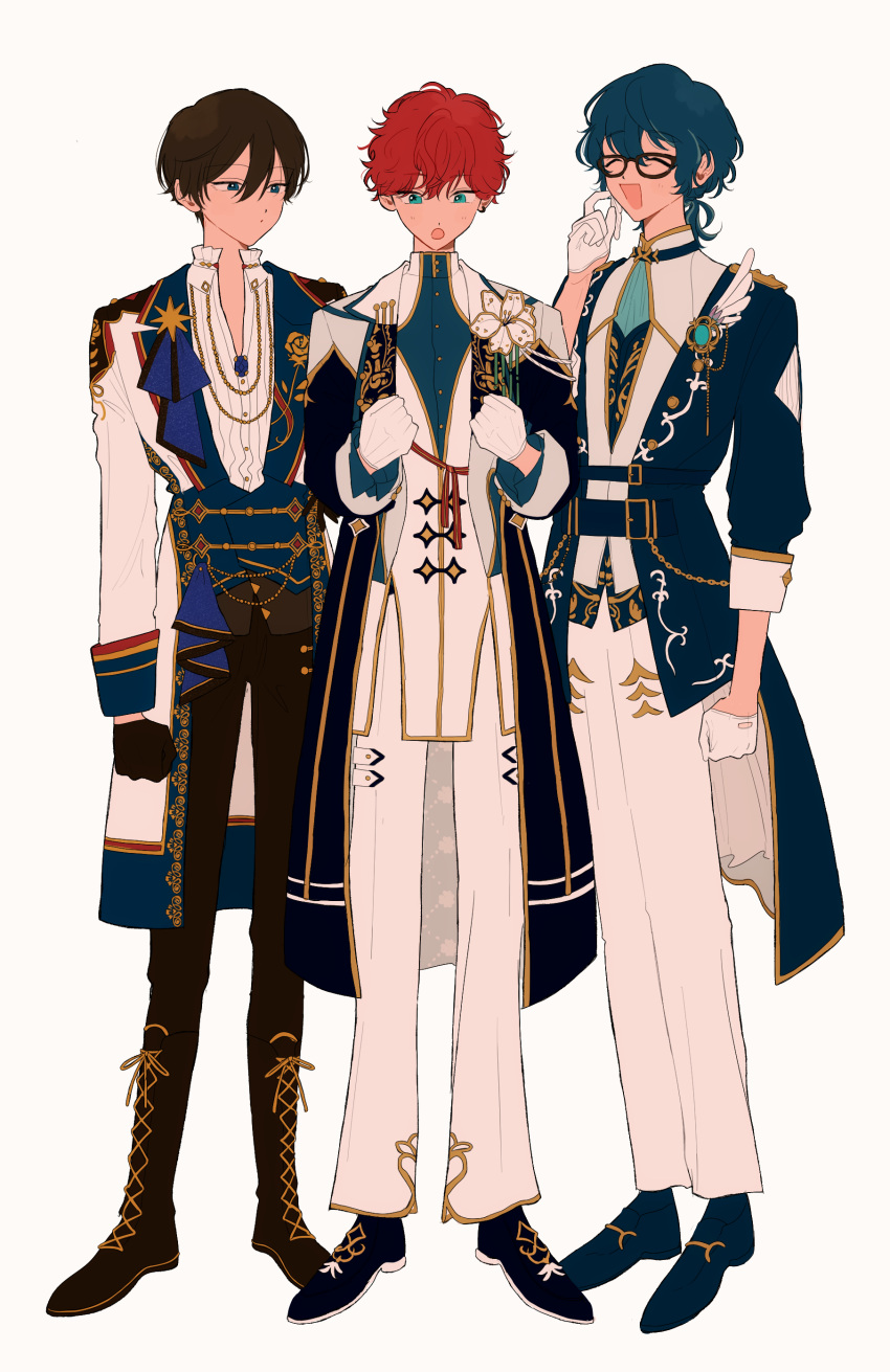 3boys, absurdres, amagi_hiiro, aoba_tsumugi, bishounen, black_footwear, coat, ensemble_stars!