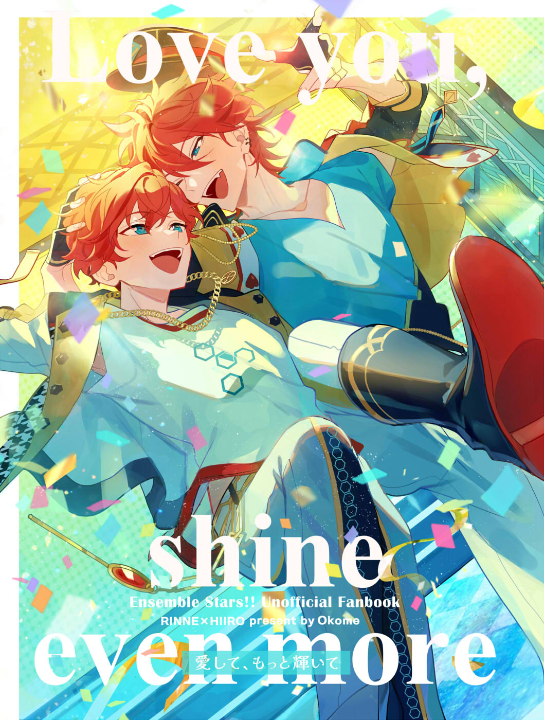 2boys, amagi_hiiro, amagi_rinne, aqua_eyes, bishounen, border, brothers, character_name, confetti, copyright_name, cover, cover_page, doujin_cover, ensemble_stars!, eye_contact, gradient_background, hand_on_another's_head, highres, jacket, l_hand, looking_at_another, male_focus, mmmomom, multiple_boys, official_style, open_clothes, open_jacket, pants, redhead, shirt, shoulder-to-shoulder, siblings, upper_body, white_border, white_pants