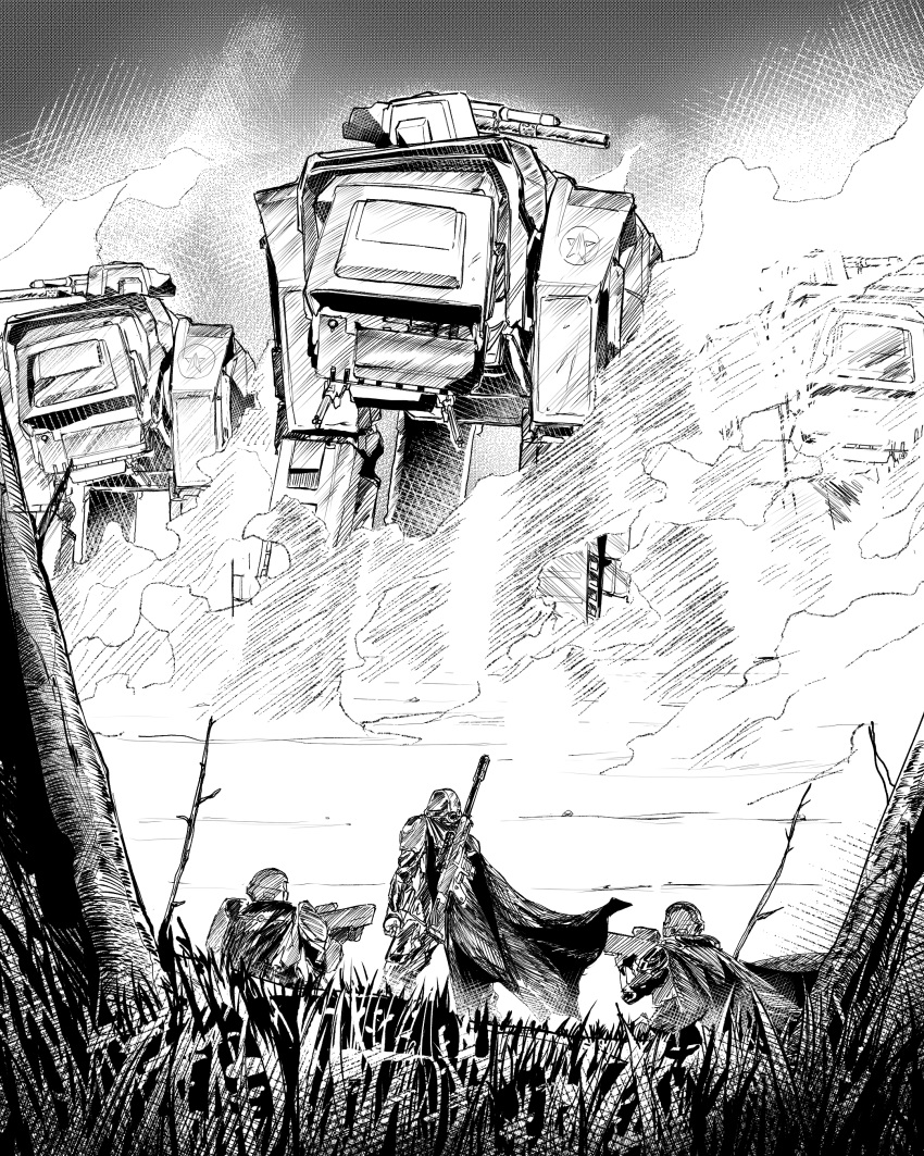 absurdres, armor, cape, commentary, greyscale, gun, helldiver_(helldivers), helldivers_(series)