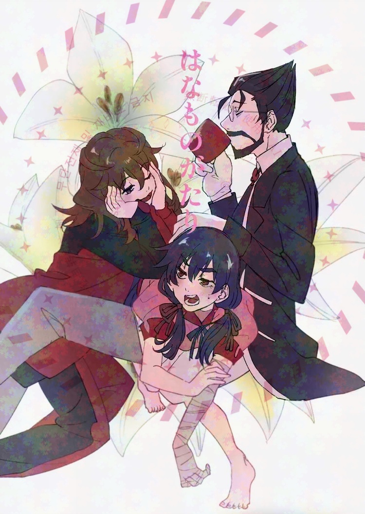 1boy, 2girls, annoyed, bandaged_arm, bandages, barefoot, beard, between_legs
