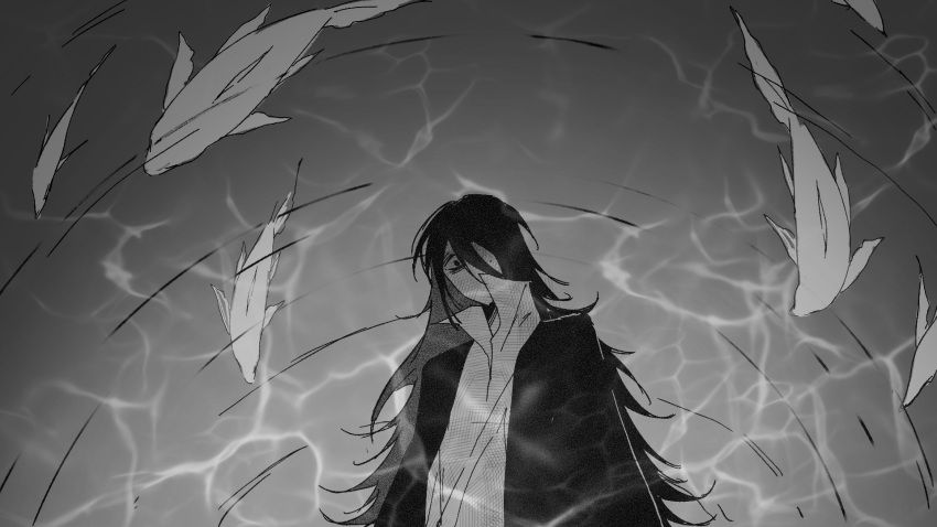 1boy, 1girl, chinese_commentary, collared_shirt, commentary_request, fish, greyscale, hair_over_one_eye