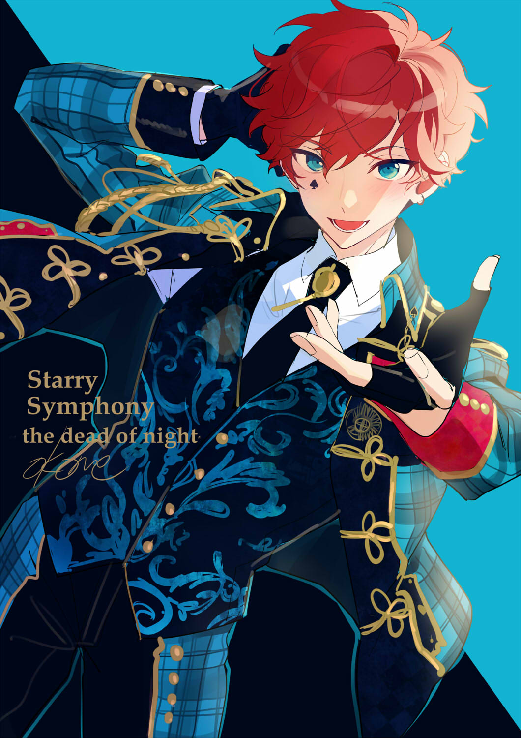 1boy, amagi_hiiro, aqua_background, aqua_eyes, aqua_jacket, aqua_pants, asymmetrical_sleeves, bishounen