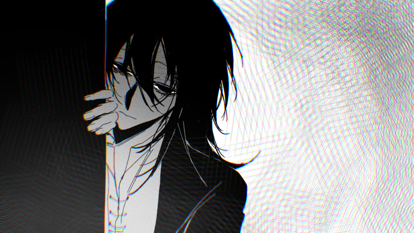 1boy, chinese_commentary, closed_mouth, commentary_request, film_grain, greyscale, hair_between_eyes, highres