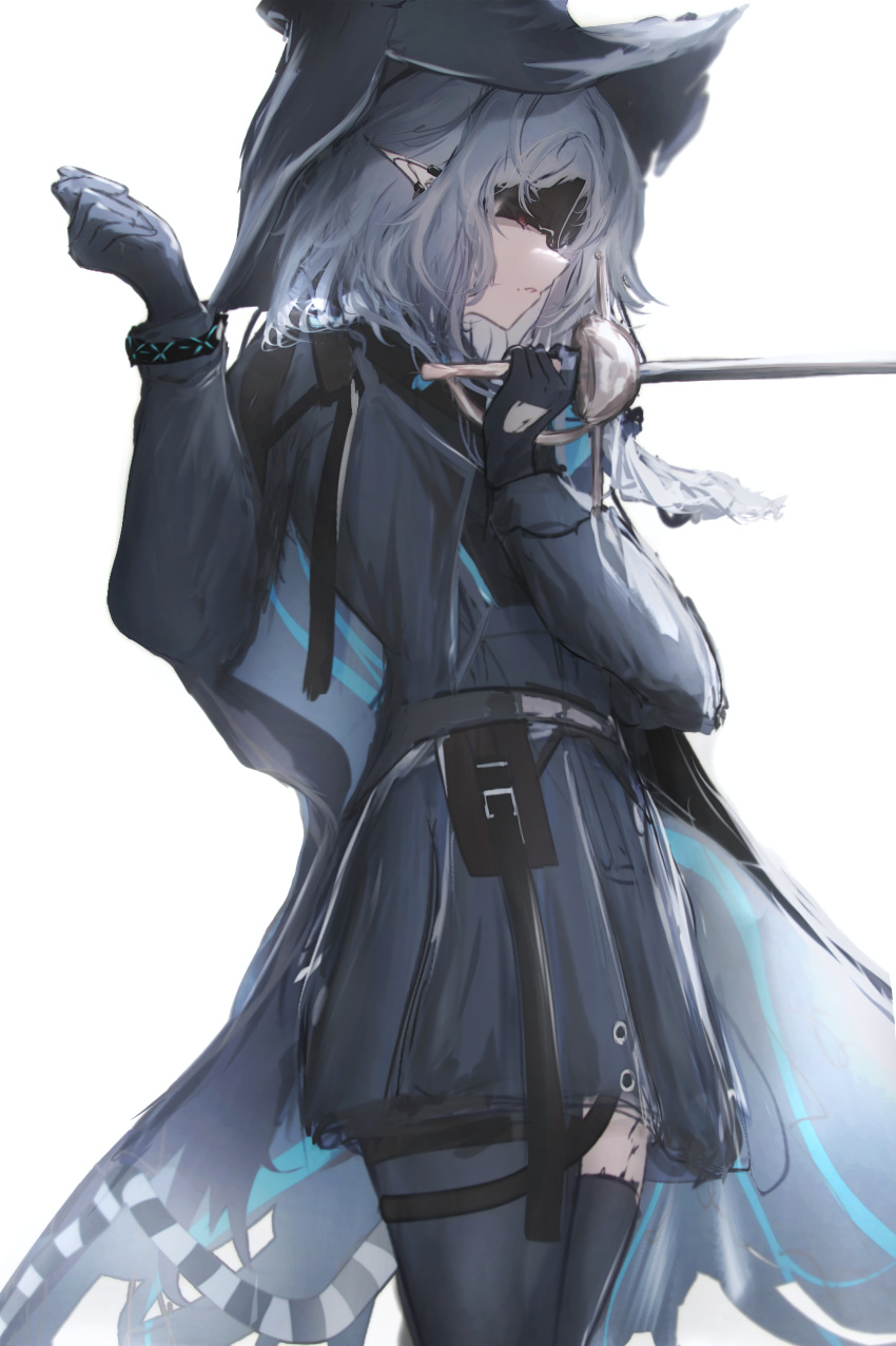 1girl, absurdres, arknights, belt, belt_pouch, black_coat, black_dress, black_gloves