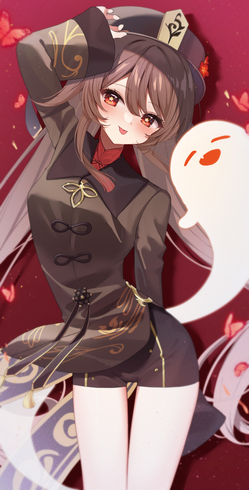 1girl, aamana0, absurdres, black_shorts, boo_tao_(genshin_impact), flower, flower-shaped_pupils, genshin_impact