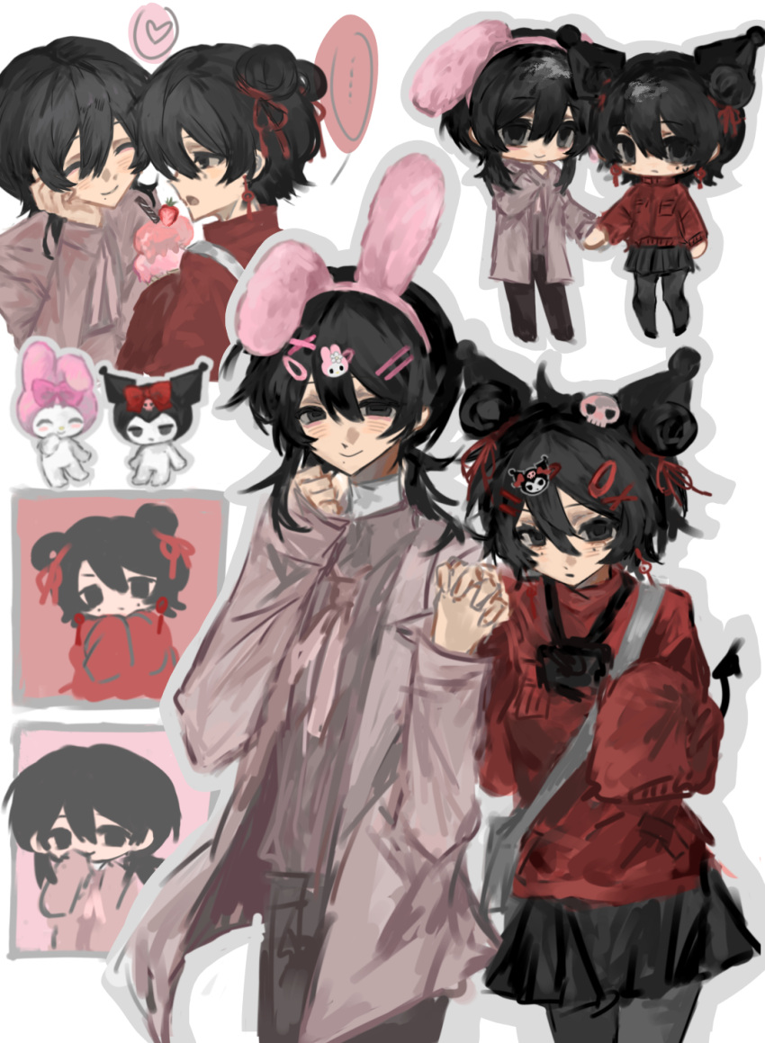 1boy, 1girl, ^_^, black_eyes, black_hair, black_pants, black_pantyhose, black_skirt, camera, camera_around_neck, chibi, chinese_commentary, closed_eyes, closed_mouth, coat, collared_shirt, commentary_request, cosplay, double_bun, earrings, grey_shirt, hair_between_eyes, hair_bun, hair_ornament, hair_ribbon, hairclip, high_collar, highres, holding_hands, jacket, jewelry, kuromi, kuromi_(cosplay), li_yuting_(female), long_sleeves, medium_hair, miniskirt, mo_chengwei, mole, mole_under_each_eye, mole_under_eye, multiple_moles, multiple_views, my_melody, my_melody_(cosplay), neck_ribbon, neena_(nina934410), onegai_my_melody, open_clothes, open_coat, open_mouth, pants, pantyhose, pink_coat, pink_ribbon, pleated_skirt, red_jacket, red_ribbon, ribbon, sanrio, shirt, skirt, sleeves_past_fingers, sleeves_past_wrists, smile, sweat, touqi_guaitan, x_hair_ornament