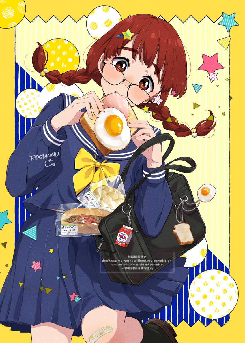 1girl, artist_name, bag, bandaid, bandaid_on_leg, black-framed_eyewear, black_bag, black_socks