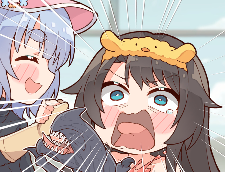2girls, ark_survival_evolved, chibi, chibi_only, commentary, dinosaur, emphasis_lines, gloves