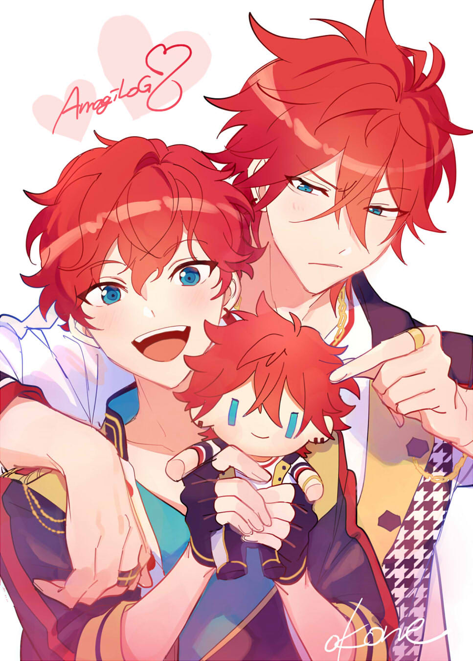 2boys, amagi_hiiro, amagi_rinne, aqua_eyes, arm_on_another's_shoulder, artist_name, behind_another, bishounen, brothers, character_doll, ensemble_stars!, highres, holding, holding_stuffed_toy, male_focus, mmmomom, multiple_boys, pointing, pointing_at_object, redhead, siblings, sketch, stuffed_toy, two-handed