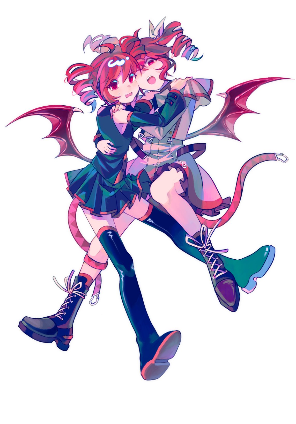 2girls, ahoge, akiham, black_footwear, black_shirt, black_skirt, boots, bow, cross-laced_footwear, detached_sleeves, drill_hair, dual_persona, full_body, grey_jacket, grey_skirt, hair_bow, hand_on_another's_shoulder, highres, hug, jacket, kasane_teto, kasane_teto_(sv), lace-up_boots, long_sleeves, looking_at_viewer, low_wings, miniskirt, multiple_girls, open_mouth, raised_eyebrows, red_eyes, redhead, shirt, simple_background, single_wing, skirt, sleeveless, sleeveless_shirt, sweatdrop, synthesizer_v, thigh_boots, twin_drills, twintails, utau, white_background, wings
