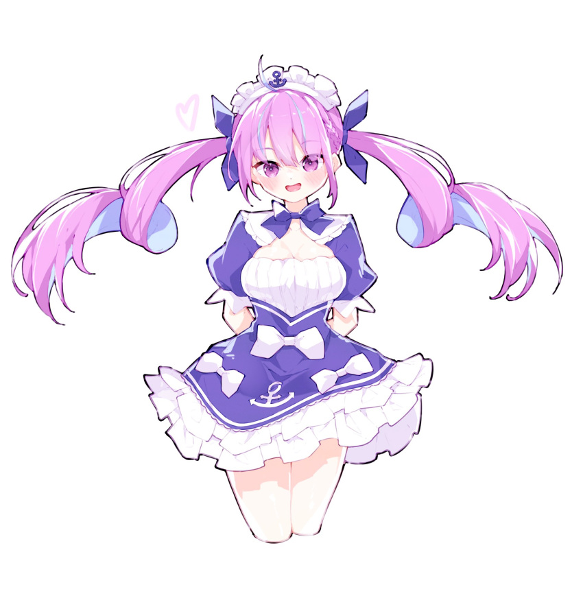1girl, ahoge, arms_behind_back, blue_bow, blue_bowtie, blue_dress, bow, bowtie