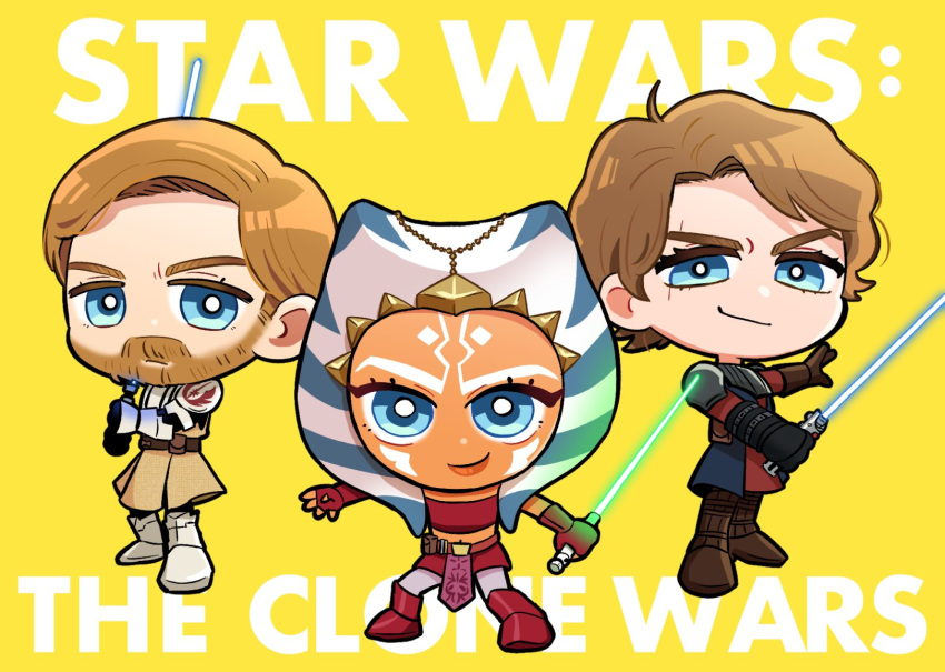 1girl, 2boys, ahsoka_tano, alien, anakin_skywalker, armor, armored_boots, beard