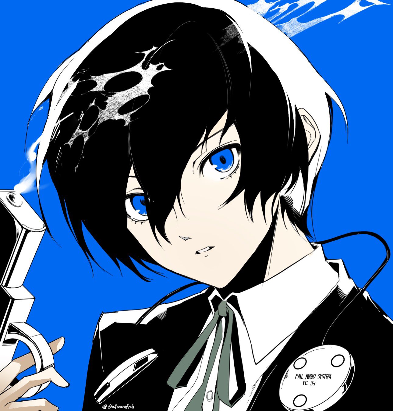 1boy, balloooonfish, black_hair, black_jacket, blue_background, blue_eyes, collared_shirt, gekkoukan_high_school_uniform