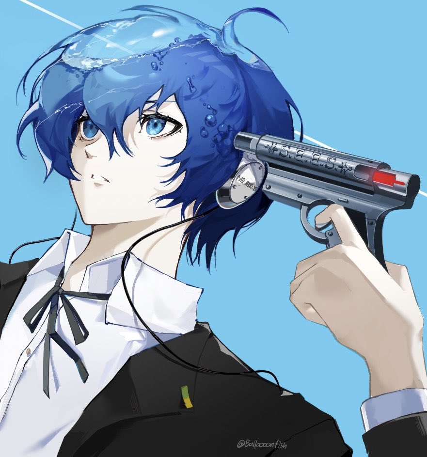 1boy, balloooonfish, black_jacket, black_ribbon, blue_background, blue_eyes, blue_hair, collared_shirt