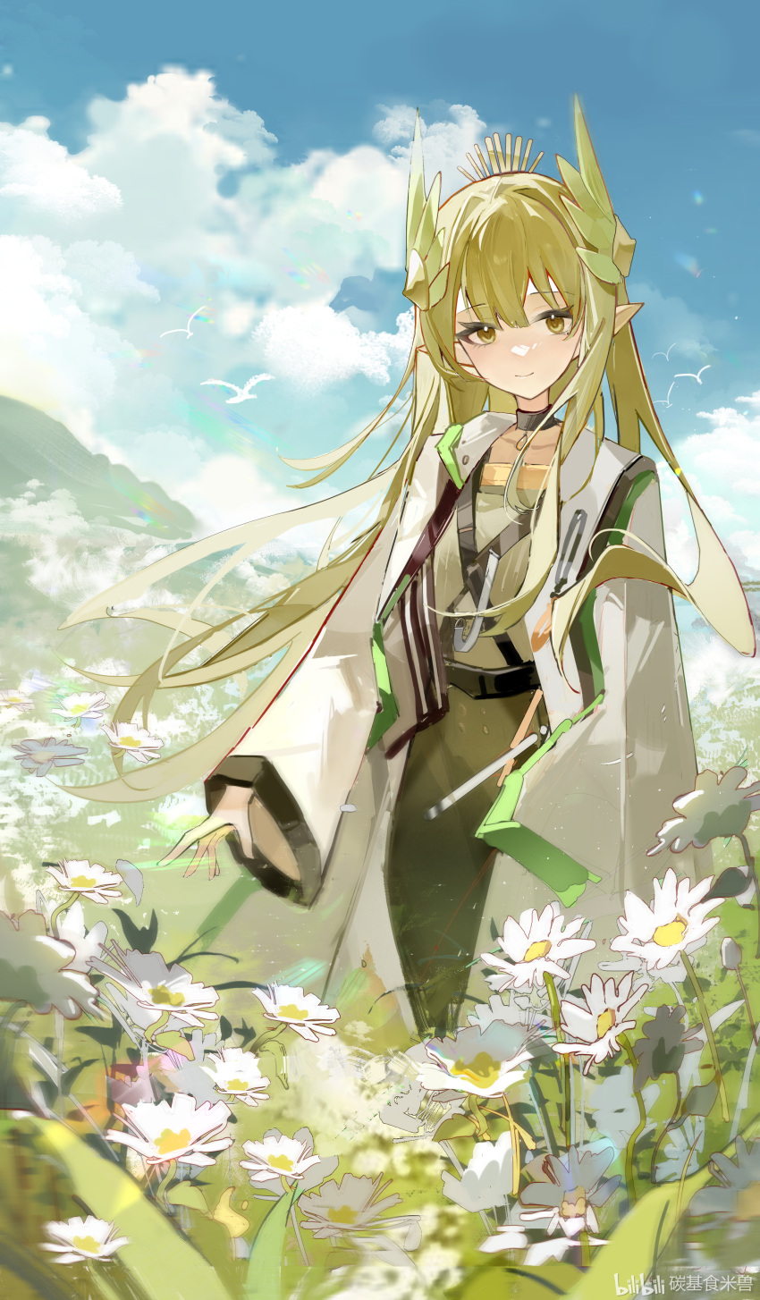 1girl, absurdres, arknights, artistic_error, bilibili_logo, black_collar, blonde_hair, blue_sky