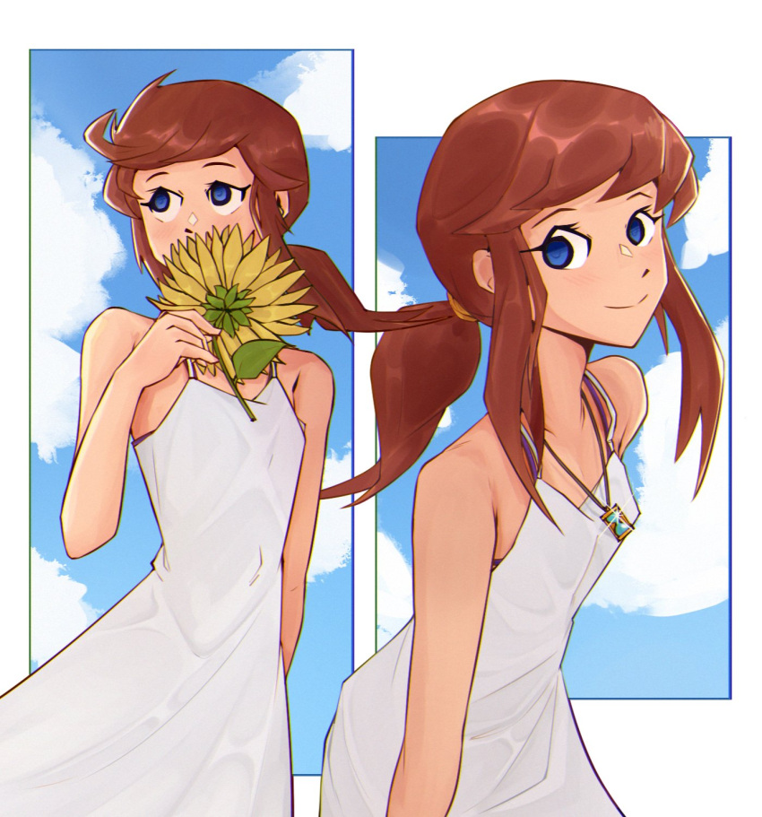 1girl, a_hat_in_time, aged_up, alternate_costume, blue_eyes, blue_sky, border, brown_hair, closed_mouth, clouds, cloudy_sky, commentary, covering_own_mouth, cowboy_shot, dress, english_commentary, flower, fujimna, hair_tie, hat_kid, highres, holding, holding_flower, hourglass_necklace, jewelry, leaf, looking_at_viewer, looking_to_the_side, looking_up, medium_hair, multiple_views, necklace, ponytail, sidelocks, sky, sleeveless, smile, spaghetti_strap, sundress, white_border, white_dress, wind, yellow_flower