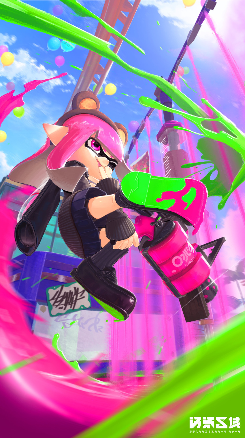.52_gal_(splatoon), 1girl, absurdres, animal_ear_hairband, animal_ears, balloon, bear_ears, bike_shorts, black_footwear, black_socks, black_sweater, blue_skirt, blue_sky, blunt_bangs, blurry, blurry_foreground, brown_hairband, clouds, commentary_request, day, fake_animal_ears, from_side, full_body, hairband, hand_to_own_mouth, hand_up, happy, highres, hime_cut, holding, holding_weapon, ink_tank_(splatoon), inkling, inkling_girl, inkling_player_character, jumping, kneepits, leg_up, long_hair, looking_afar, miniskirt, one_eye_closed, osen_kuiki, outdoors, partial_commentary, pink_eyes, pink_hair, pleated_skirt, pointy_ears, shoe_soles, shoes, sidelocks, skirt, sky, smile, socks, solo, splash_wall_(splatoon), splatoon_(series), splatoon_3, splatter, super_chump_(splatoon), sweater, tentacle_hair, tentacles, thighs, tongue, tongue_out, watermark, weapon
