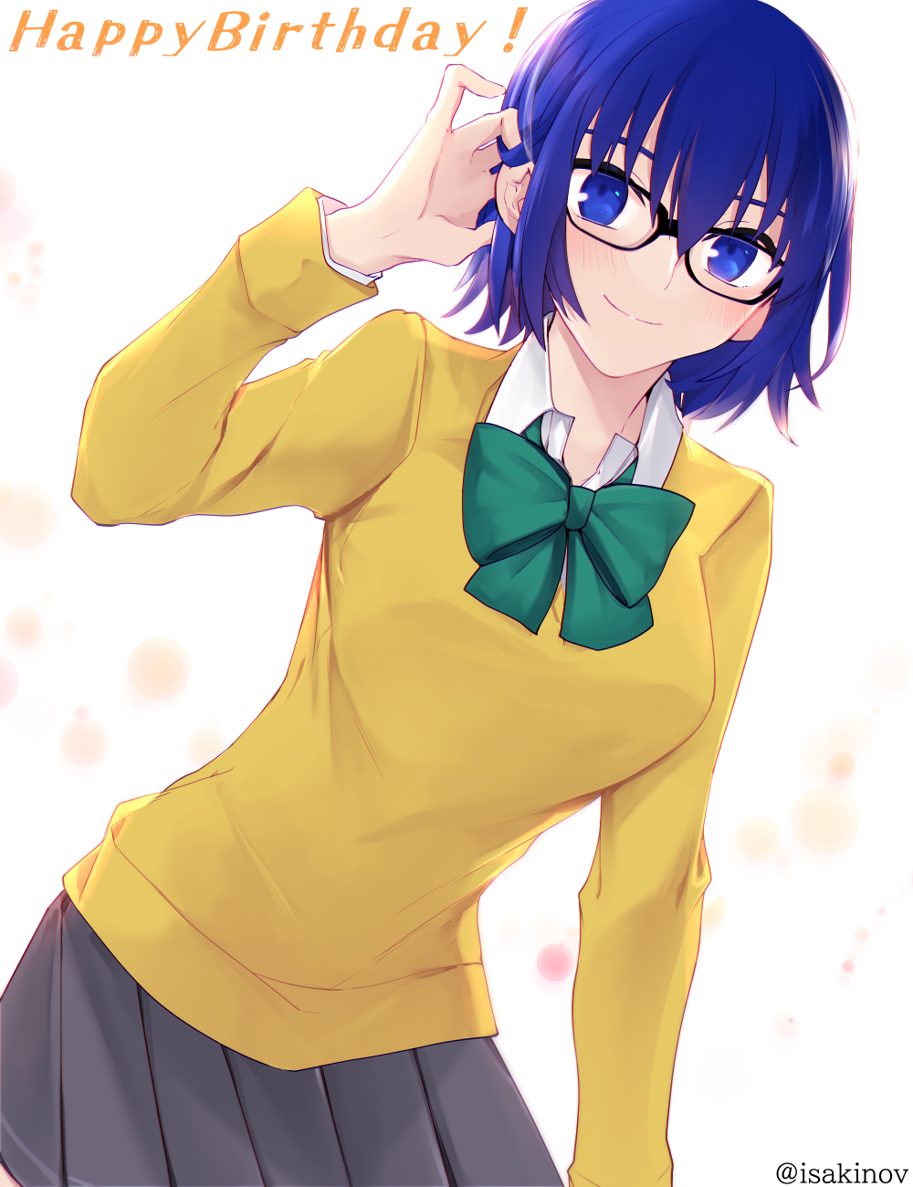1girl, black-framed_eyewear, blue_eyes, blue_hair, blush, bow, bowtie, cardigan, ciel_(tsukihime), closed_mouth, glasses, green_bow, green_bowtie, grey_skirt, hair_between_eyes, happy_birthday, highres, long_sleeves, looking_at_viewer, miniskirt, pleated_skirt, school_uniform, short_hair, simple_background, skirt, smile, solo, sukiniyaru, tsukihime, tsukihime_(remake), twitter_username, uniform, white_background, yellow_cardigan