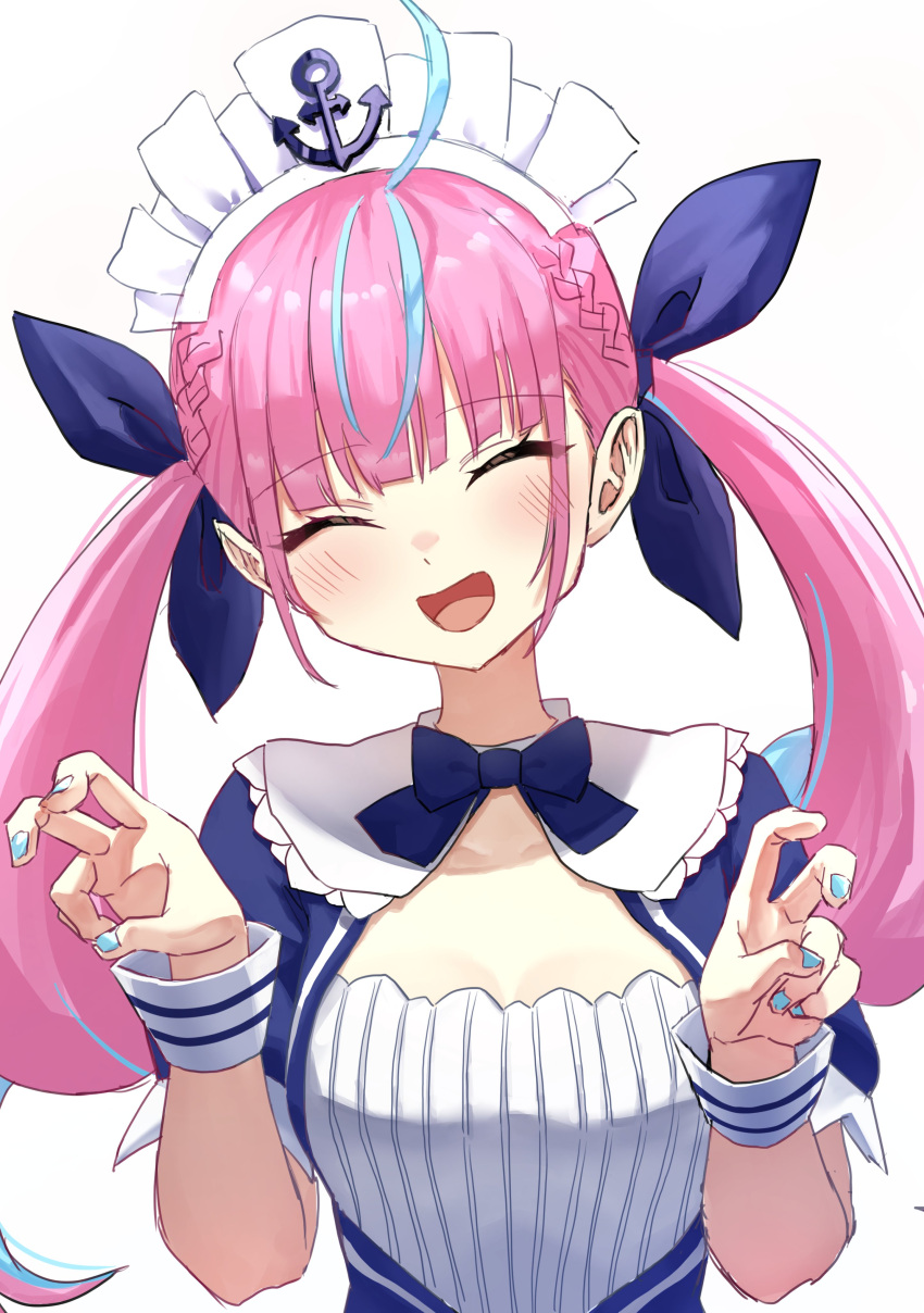 1girl, absurdres, ahoge, anchor_symbol, bent_v, blue_bow, blue_bowtie, blue_nails