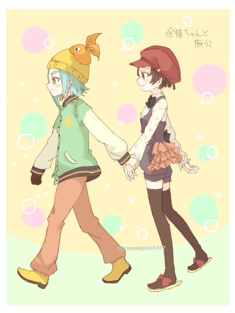 2girls, aqua_hair, artist_name, black_thighhighs, blush, boots, border, breasts