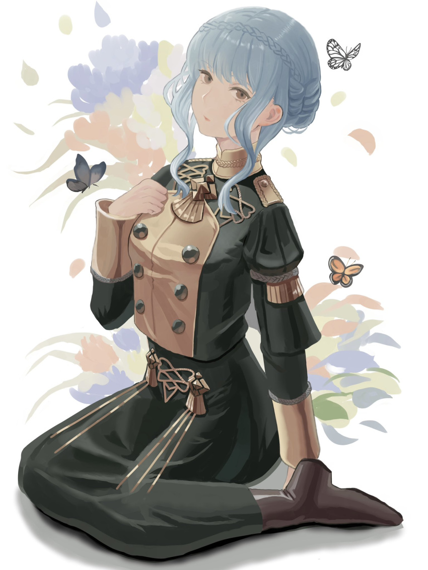1girl, blue_hair, boots, braid, brown_eyes, brown_footwear, bug, butterfly