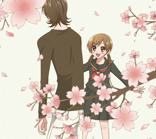 1boy, 1girl, black_hair, black_shirt, blue_serafuku, blurry, blurry_foreground, brown_eyes