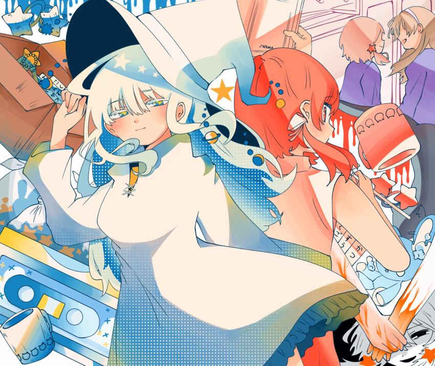 3girls, back-to-back, blue_eyes, box, breasts, brown_hair, cardboard_box, cassette_tape