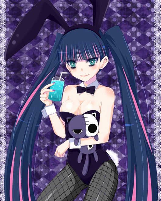 blue_hair, bunny_ears, bunnysuit, cat, drink, fishnet_pantyhose, fishnets, green_eyes