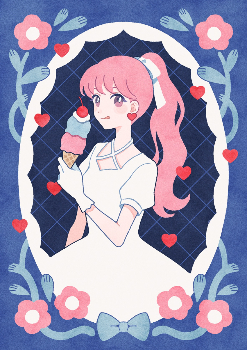 1girl, :q, black_background, blue_border, blue_bow, blush_stickers, border, bow