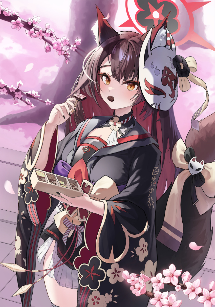 1girl, absurdres, animal_ears, black_nails, blue_archive, bow, box, box_of_chocolates