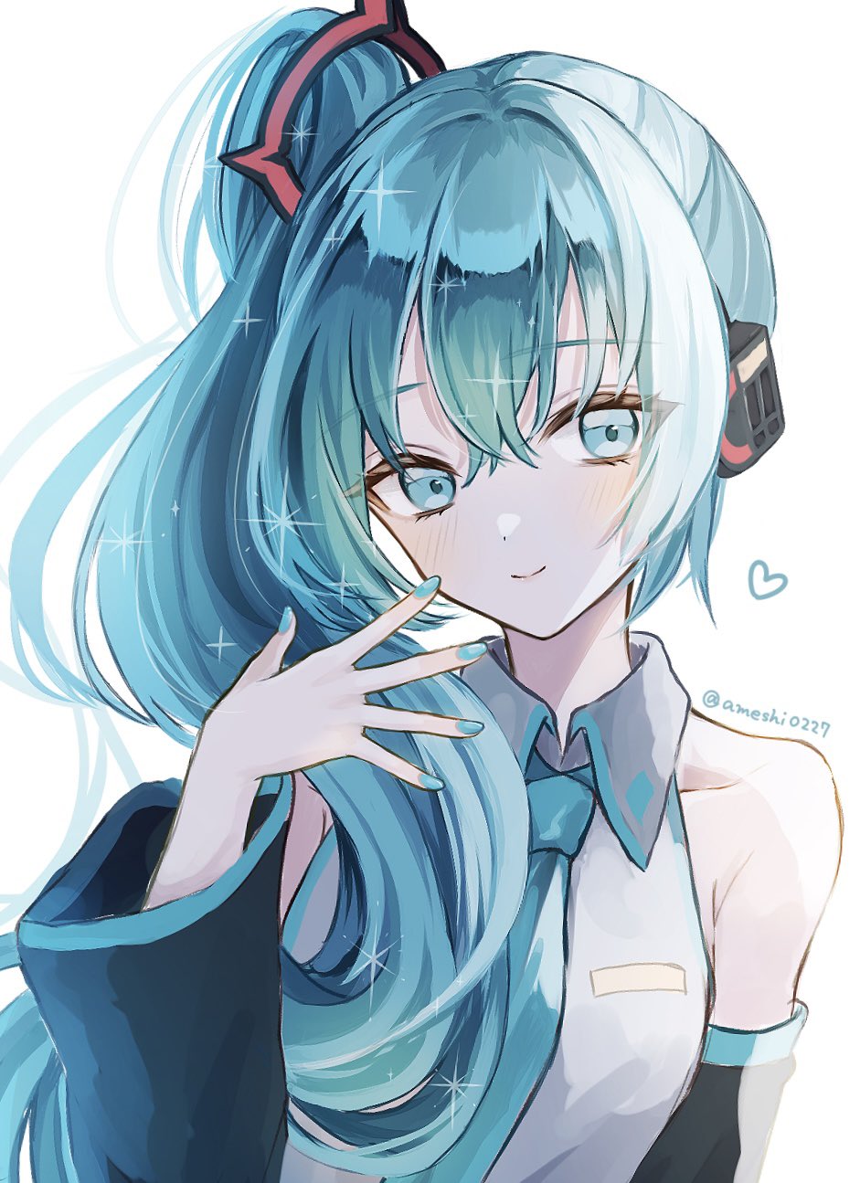 1girl, ameshi0227, aqua_eyes, aqua_hair, aqua_nails, aqua_necktie, aqua_trim, arm_at_side