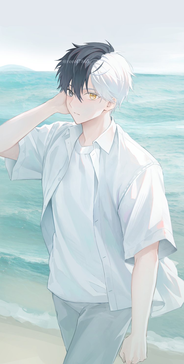 1boy, beach, black_eyes, black_hair, grey_pants, hair_between_eyes, heterochromia, highres, male_focus, multicolored_hair, ocean, pants, rorol7865, sakura_haruka_(wind_breaker), shirt, short_hair, solo, two-tone_hair, white_hair, white_shirt, wind_breaker_(nii_satoru), yellow_eyes