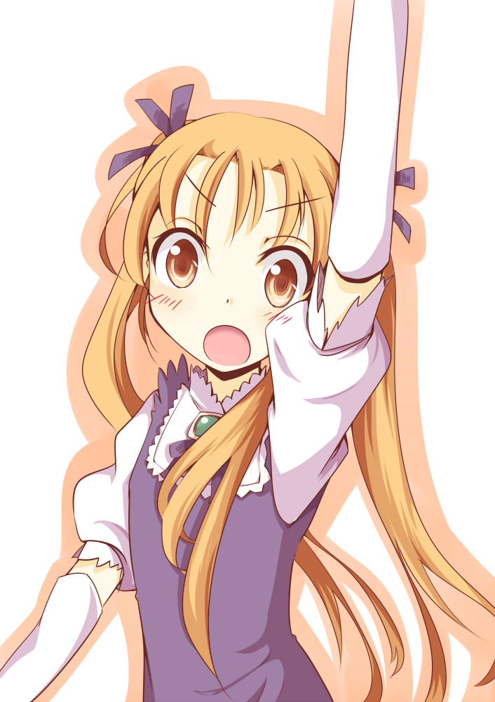 aliese, arm_up, blonde_hair, brooch, chatamaru_(irori_sabou), elbow_gloves, gloves, green_eyes