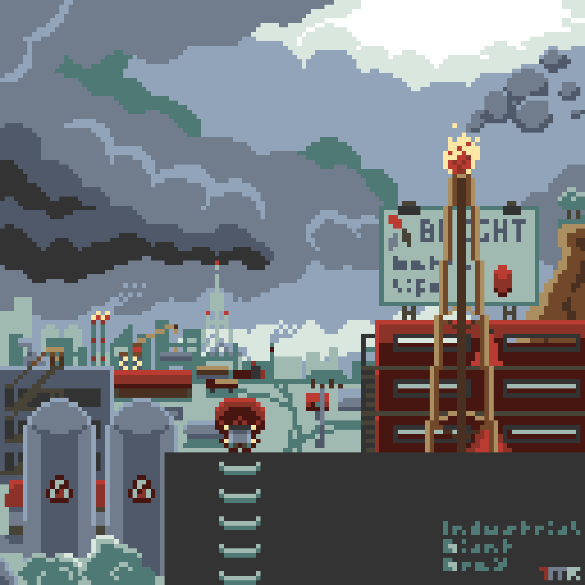1boy, building, clouds, cloudy_sky, commentary, distillation_column, english_commentary, factory, fire, highres, industrial, ladder, original, pixel_art, scenery, sign, silo, sky, smoke, smokestack, solo, tomoruka_mr