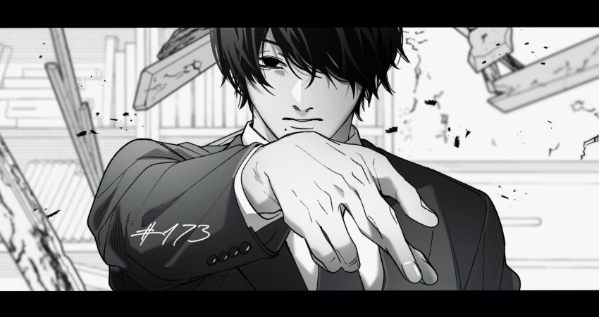 1boy, black_eyes, black_hair, chainsaw_man, closed_mouth, debris, greyscale, highres, letterboxed, long_sleeves, looking_at_viewer, mole, mole_under_mouth, monochrome, numbered, siraco_(sira5_3), solo, suit, yoshida_hirofumi