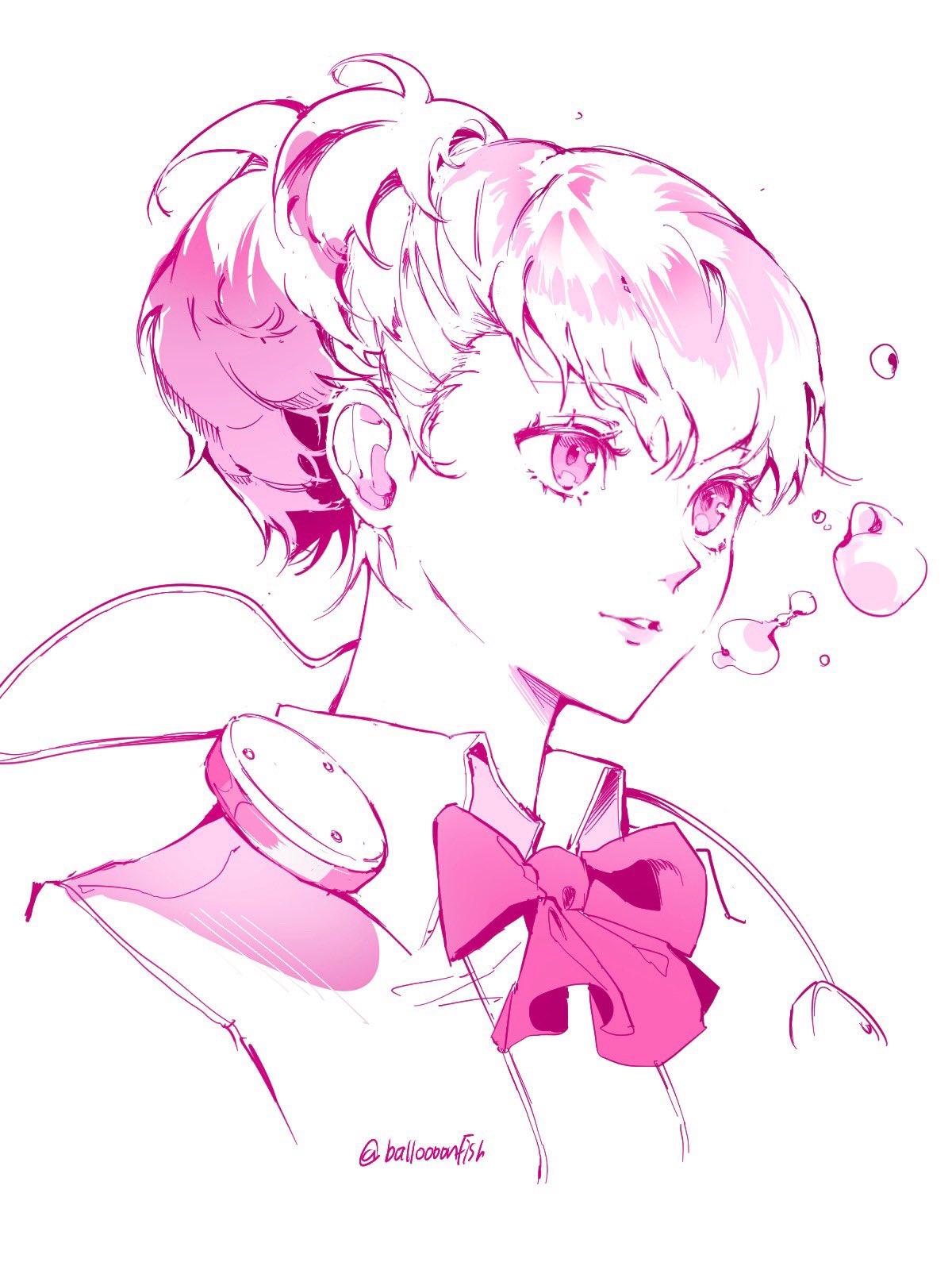 1girl, balloooonfish, bow, bowtie, bubble, collared_shirt, cropped_shoulders, earphones