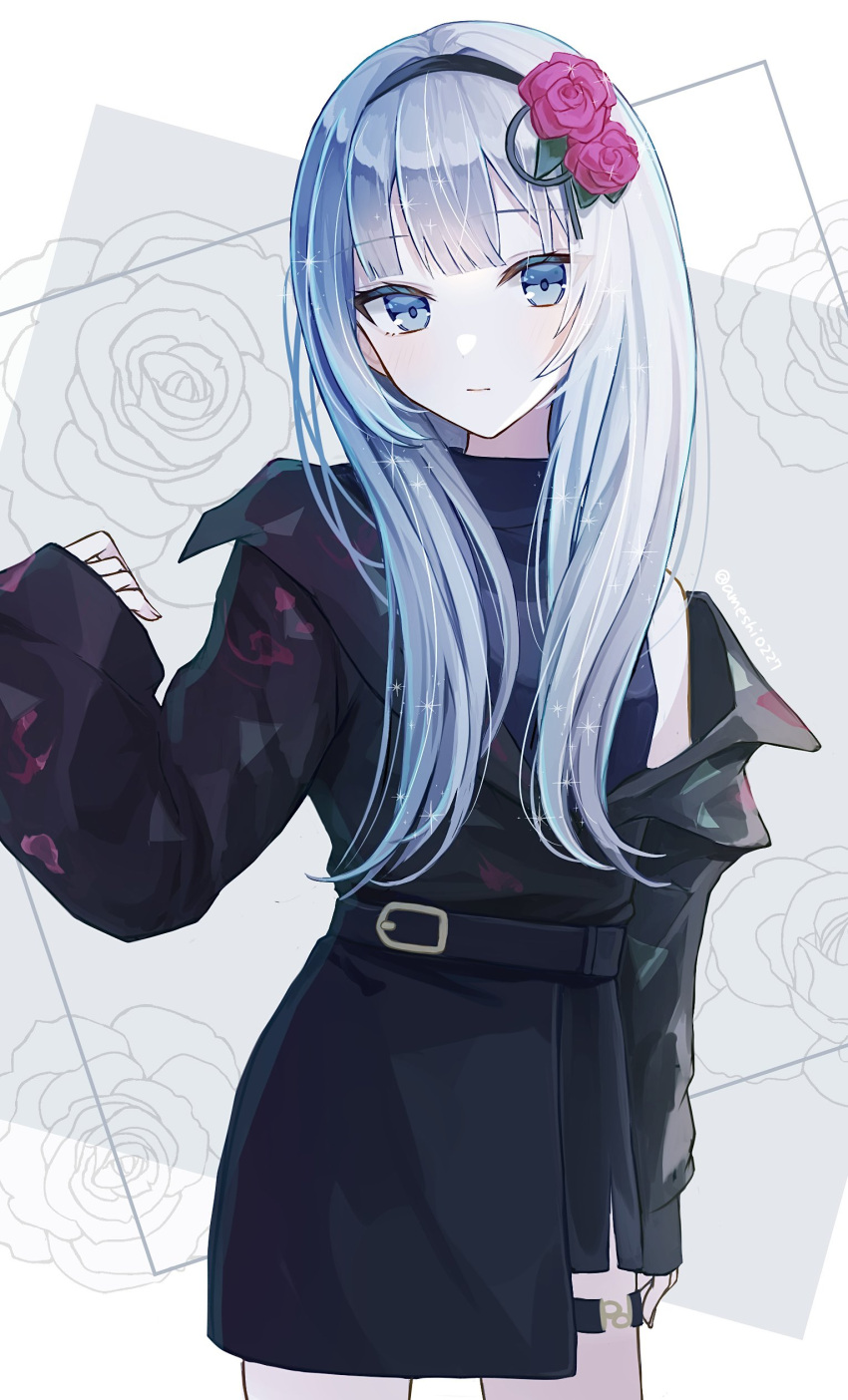 1girl, absurdres, ameshi0227, arm_at_side, belt, black_belt, black_hairband, black_jacket
