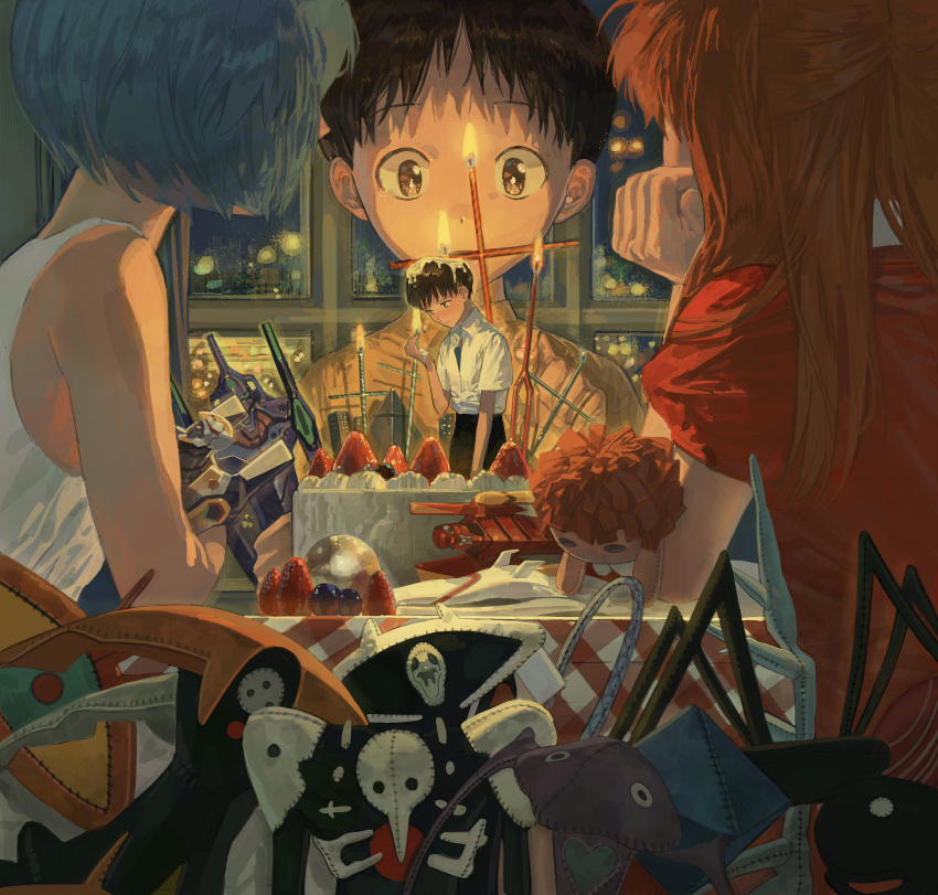 1boy, 2girls, absurdres, angel_(evangelion), arael, arm_on_table, armisael_(evangelion), ayanami_rei