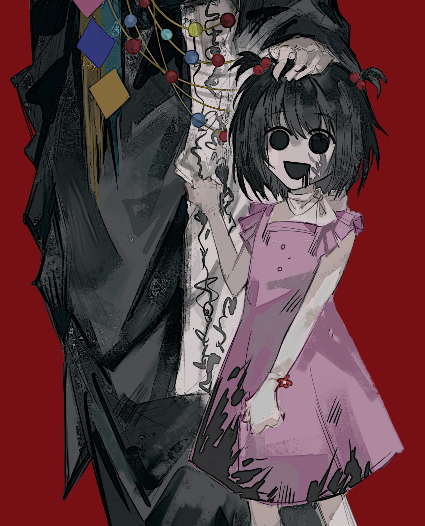 1boy, 1girl, absurdres, bandana, bandana_around_neck, black_coat, black_eyes, black_hair, coat, dress, empty_eyes, hair_bobbles, hair_ornament, highres, huai_huizhi, huai_yunqing, long_sleeves, open_mouth, out_of_frame, pink_dress, red_background, short_twintails, simple_background, sleeveless, sleeveless_dress, smile, suisuisuis, touqi_guaitan, twintails, white_bandana